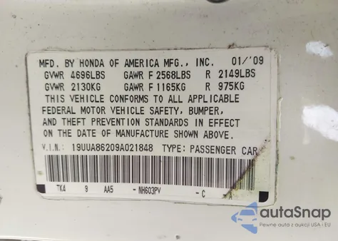 2009 Acura Tl 3.5 z USA, uszkodzony, nr VIN 19UUA86209A021848